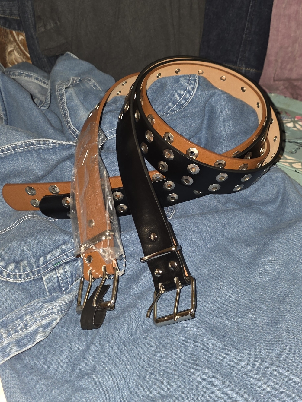 Set Of Two Studded Double-Row XL 42-44" Leather Belts - Black/Tan